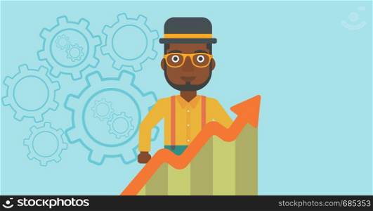 An african-american young businessman standing behind growing chart. Successful business concept. Vector flat design illustration. Horizontal layout.. Businessman with growing chart.