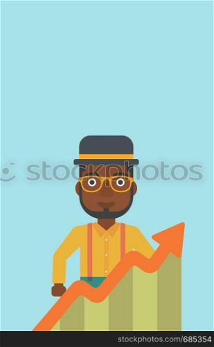 An african-american young businessman standing behind growing chart. Successful business concept. Vector flat design illustration. Vertical layout.. Businessman with growing chart.