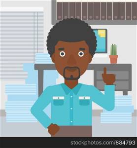 An african-american young businessman standing in the office and pointing up with his forefinger. Business idea concept. Vector flat design illustration. Square layout.. Businessman having business idea.
