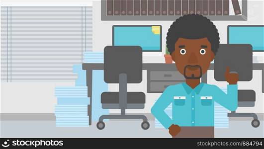 An african-american young businessman standing in the office and pointing up with his forefinger. Business idea concept. Vector flat design illustration. Horizontal layout.. Businessman having business idea.