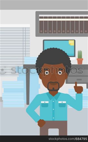 An african-american young businessman standing in the office and pointing up with his forefinger. Business idea concept. Vector flat design illustration. Vertical layout.. Businessman having business idea.