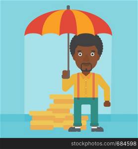 An african-american young businessman standing in the rain and holding an umbrella over coins. Business insurance concept. Vector flat design illustration. Square layout.. Businessman with umbrella protecting money.