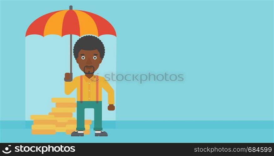 An african-american young businessman standing in the rain and holding an umbrella over coins. Business insurance concept. Vector flat design illustration. Horizontal layout.. Businessman with umbrella protecting money.