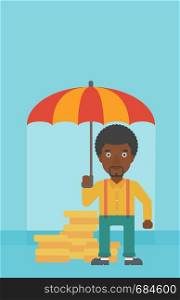 An african-american young businessman standing in the rain and holding an umbrella over coins. Business insurance concept. Vector flat design illustration. Vertical layout.. Businessman with umbrella protecting money.