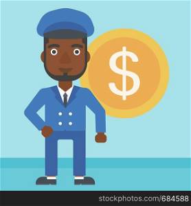 An african-american young businessman standing with a big dollar coin behind him. Successful business concept. Vector flat design illustration. Square layout.. Successful businessman with dollar coin.