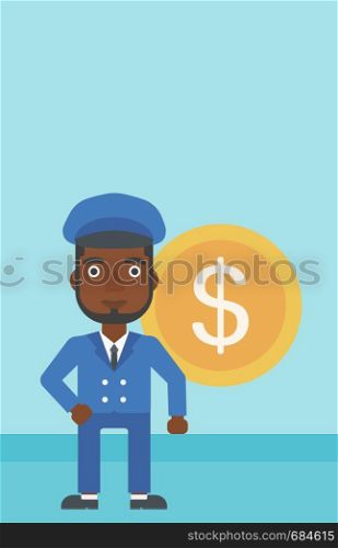 An african-american young businessman standing with a big dollar coin behind him. Successful business concept. Vector flat design illustration. Vertical layout.. Successful businessman with dollar coin.