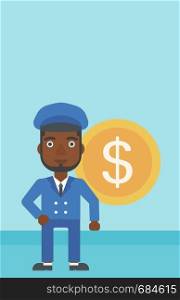 An african-american young businessman standing with a big dollar coin behind him. Successful business concept. Vector flat design illustration. Vertical layout.. Successful businessman with dollar coin.