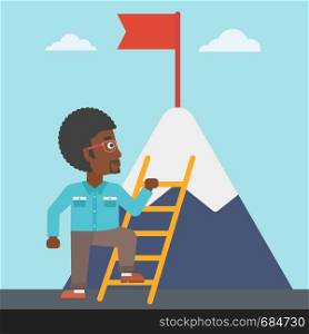 An african-american young businessman standing with ladder near the mountain. Businessman climbing the mountain with a red flag on the top. Vector flat design illustration. Square layout.. Businessman climbing on mountain.