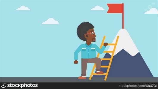 An african-american young businessman standing with ladder near the mountain. Businessman climbing the mountain with a red flag on the top. Vector flat design illustration. Horizontal layout.. Businessman climbing on mountain.