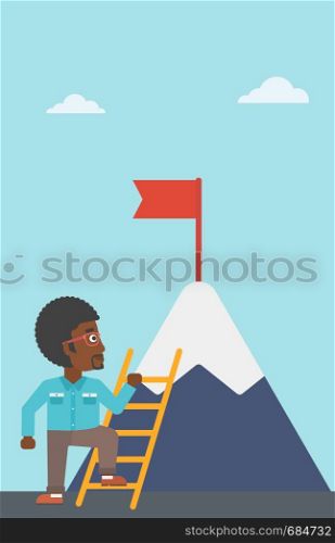 An african-american young businessman standing with ladder near the mountain. Businessman climbing the mountain with a red flag on the top. Vector flat design illustration. Vertical layout.. Businessman climbing on mountain.