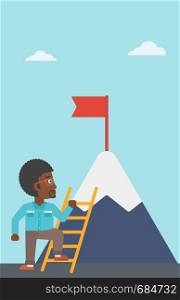 An african-american young businessman standing with ladder near the mountain. Businessman climbing the mountain with a red flag on the top. Vector flat design illustration. Vertical layout.. Businessman climbing on mountain.