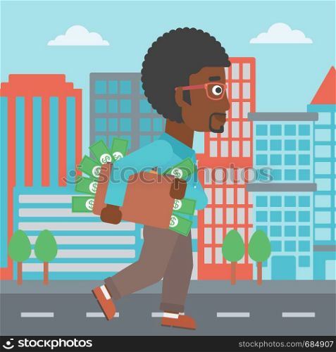 An african-american young businessman walking in the city with suitcase full of money. Vector flat design illustration. Square layout.. Man with suitcase full of money.