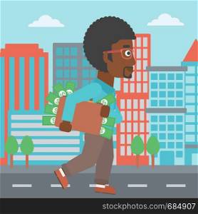 An african-american young businessman walking in the city with suitcase full of money. Vector flat design illustration. Square layout.. Man with suitcase full of money.