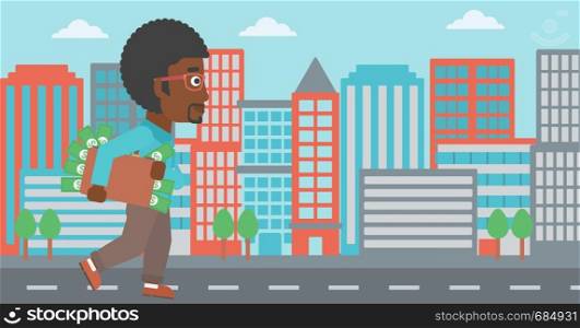 An african-american young businessman walking in the city with suitcase full of money. Vector flat design illustration. Horizontal layout.. Man with suitcase full of money.