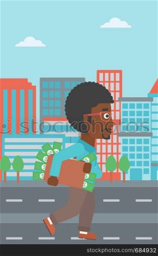 An african-american young businessman walking in the city with suitcase full of money. Vector flat design illustration. Vertical layout.. Man with suitcase full of money.