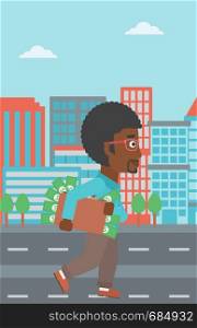 An african-american young businessman walking in the city with suitcase full of money. Vector flat design illustration. Vertical layout.. Man with suitcase full of money.
