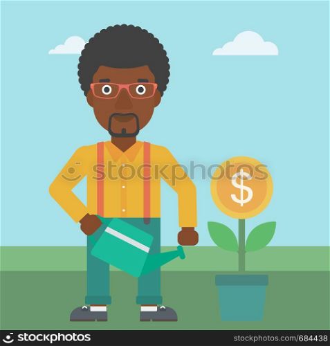 An african-american young businessman watering a money flower. Successful business concept. Vector flat design illustration. Square layout.. Businessman watering money flower.
