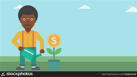An african-american young businessman watering a money flower. Successful business concept. Vector flat design illustration. Horizontal layout.. Businessman watering money flower.