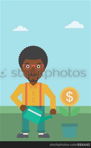 An african-american young businessman watering a money flower. Successful business concept. Vector flat design illustration. Vertical layout.. Businessman watering money flower.