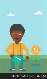 An african-american young businessman watering a money flower. Successful business concept. Vector flat design illustration. Vertical layout.. Businessman watering money flower.