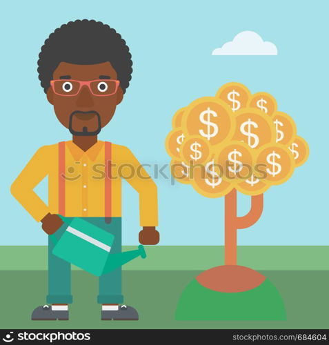 An african-american young businessman watering a money tree. Successful business concept. Vector flat design illustration. Square layout.. Man watering money tree vector illustration.