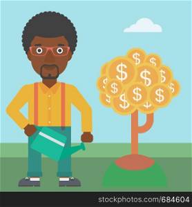 An african-american young businessman watering a money tree. Successful business concept. Vector flat design illustration. Square layout.. Man watering money tree vector illustration.