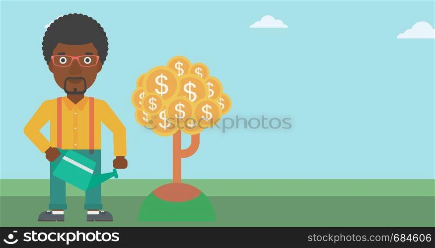 An african-american young businessman watering a money tree. Successful business concept. Vector flat design illustration. Horizontal layout.. Man watering money tree vector illustration.