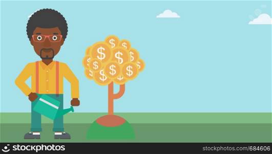 An african-american young businessman watering a money tree. Successful business concept. Vector flat design illustration. Horizontal layout.. Man watering money tree vector illustration.