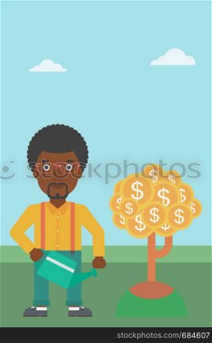 An african-american young businessman watering a money tree. Successful business concept. Vector flat design illustration. Vertical layout.. Man watering money tree vector illustration.