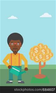 An african-american young businessman watering a money tree. Successful business concept. Vector flat design illustration. Vertical layout.. Man watering money tree vector illustration.