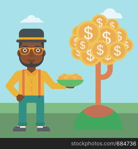 An african-american young businessman with basket in hands catching dollar coins from money tree. Successful business concept. Vector flat design illustration. Square layout.. Businessman catching dollar coins.