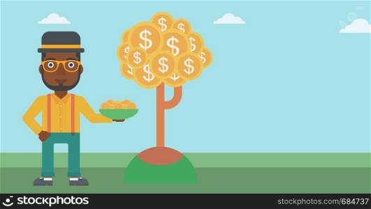 An african-american young businessman with basket in hands catching dollar coins from money tree. Successful business concept. Vector flat design illustration. Horizontal layout.. Businessman catching dollar coins.