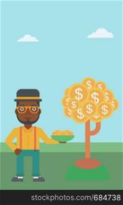 An african-american young businessman with basket in hands catching dollar coins from money tree. Successful business concept. Vector flat design illustration. Vertical layout.. Businessman catching dollar coins.