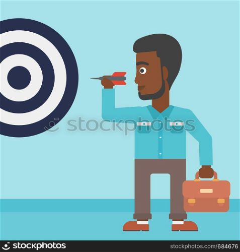 An african-american young businessman with briefcase aiming at a target board. Vector flat design illustration. Square layout.. Businessman and target board vector illustration.