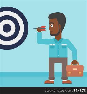 An african-american young businessman with briefcase aiming at a target board. Vector flat design illustration. Square layout.. Businessman and target board vector illustration.