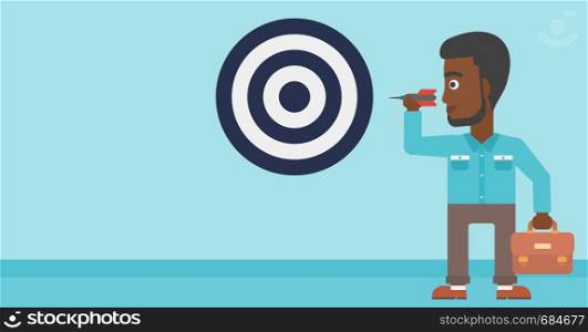 An african-american young businessman with briefcase aiming at a target board. Vector flat design illustration. Horizontal layout.. Businessman and target board vector illustration.