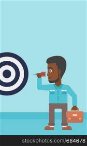 An african-american young businessman with briefcase aiming at a target board. Vector flat design illustration. Vertical layout.. Businessman and target board vector illustration.