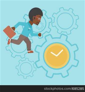 An african-american young businessman with briefcase running on a blue background with clock and cogwheels. Vector flat design illustration. Square layout.. Businessman running vector illustration.