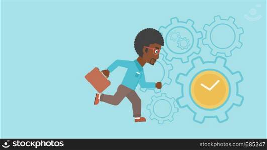 An african-american young businessman with briefcase running on a blue background with clock and cogwheels. Vector flat design illustration. Horizontal layout.. Businessman running vector illustration.