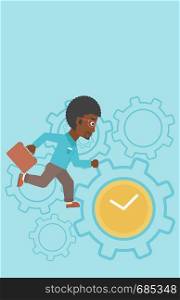 An african-american young businessman with briefcase running on a blue background with clock and cogwheels. Vector flat design illustration. Vertical layout.. Businessman running vector illustration.