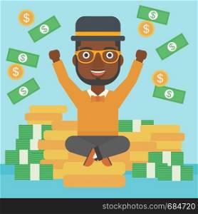 An african-american young businessman with raised hands sitting on golden coins and money flying around. Successful business concept. Vector flat design illustration. Square layout.. Happy businessman sitting on coins.
