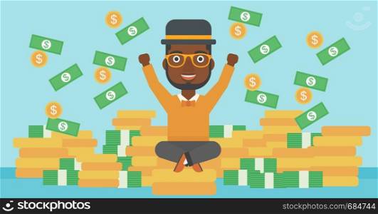 An african-american young businessman with raised hands sitting on golden coins and money flying around. Successful business concept. Vector flat design illustration. Horizontal layout.. Happy businessman sitting on coins.