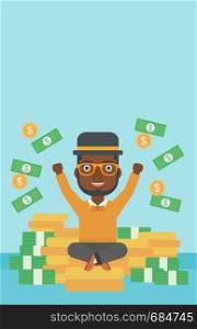 An african-american young businessman with raised hands sitting on golden coins and money flying around. Successful business concept. Vector flat design illustration. Vertical layout.. Happy businessman sitting on coins.