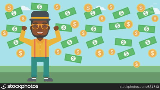 An african-american young businessman with raised hands standing under money rain. Successful business concept. Vector flat design illustration. Horizontal layout.. Happy businessman under money rain.