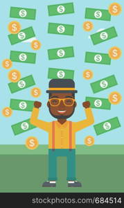 An african-american young businessman with raised hands standing under money rain. Successful business concept. Vector flat design illustration. Vertical layout.. Happy businessman under money rain.