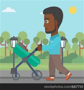 An african-american young father walking with baby stroller in the park. Father walking with his baby in stroller. Father pushing baby stroller. Vector flat design illustration. Square layout.. Father walking with his baby in stroller.