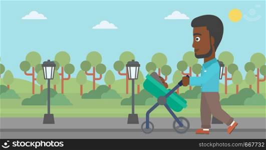 An african-american young father walking with baby stroller in the park. Father walking with his baby in stroller. Father pushing baby stroller. Vector flat design illustration. Horizontal layout.. Father walking with his baby in stroller.