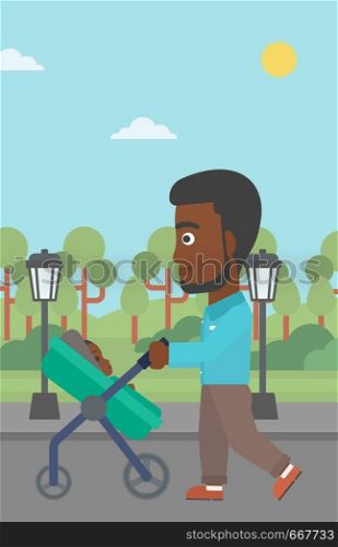 An african-american young father walking with baby stroller in the park. Father walking with his baby in stroller. Father pushing baby stroller. Vector flat design illustration. Vertical layout.. Father walking with his baby in stroller.