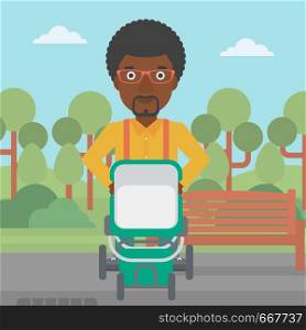 An african-american young father walking with baby stroller in the park. Father walking with his baby in stroller. Father pushing baby stroller. Vector flat design illustration. Square layout.. Father walking with baby stroller.