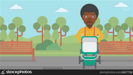 An african-american young father walking with baby stroller in the park. Father walking with his baby in stroller. Father pushing baby stroller. Vector flat design illustration. Horizontal layout.. Father walking with baby stroller.